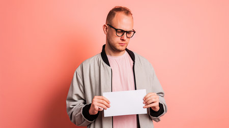 Handsome scandinavian man holding a blank white placard for text and ads on pastel orange backgroundの素材