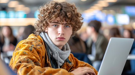 Bright and light young man working on laptop at airport lounge, calm and focused expressionの素材