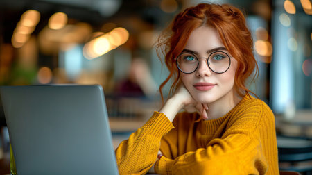 Young scandinavian woman working on laptop at co working space, freelancer or student with computerの素材