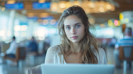 Vibrant airport lounge with young woman working on laptop and man freelancer or studentの素材