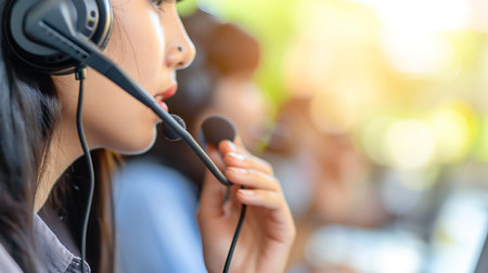 Indian call center agent providing customer support with laptop and headset in officeの素材