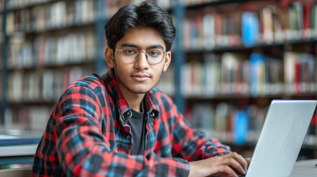 Indian freelancer or student working on laptop at co working space with bright colorsの素材