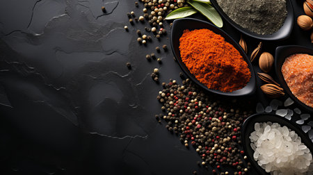 Turmeric powder in spoon on black stone surfaceFood and spice banner with copy space.の素材