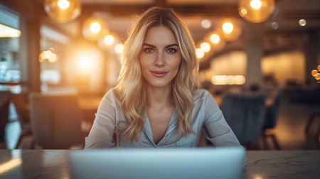 Young woman working on laptop in airport lounge, freelancer or student looking at cameraの素材