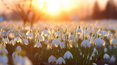 Gorgeous snowdrop flower blooming gracefully under the gentle embrace of the radiant spring sunshineの素材