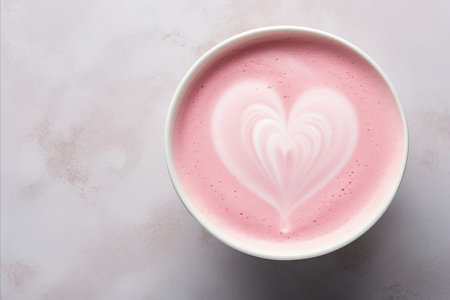 Romantic cup of latte coffee with heart shaped art on foam, top view, on love backgroundの素材