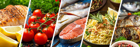 Fresh and delicious collage of fish products divided by white vertical lines in bright white lightの素材