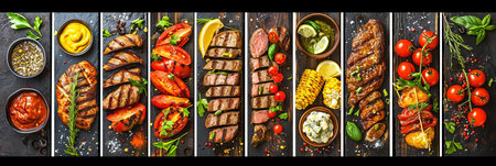 Assorted food products artfully divided by white lines, bright white lighting, minimum 7 segments.の素材