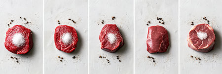 Collage of various raw meat products divided by white vertical lines in bright illuminationの素材