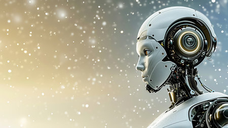 Ai humanoid robot on right side with two thirds text space on gradient magical backgroundの素材