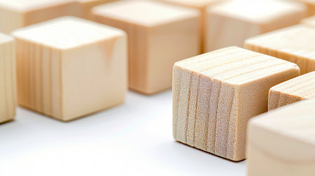 Arrangement of small wooden blocks in a row on solid textured background for easy text placementの素材