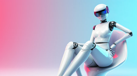 Artificial intelligence female robot with empty space for text on gradient magical backgroundの素材