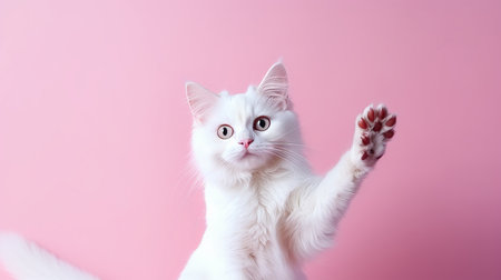 Friendly cat giving high five on white background with copy space available for text placementの素材