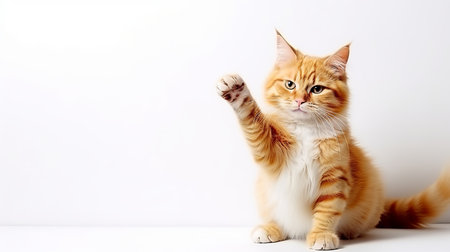 Confident cat giving high five on white background with text space for creative messagingの素材