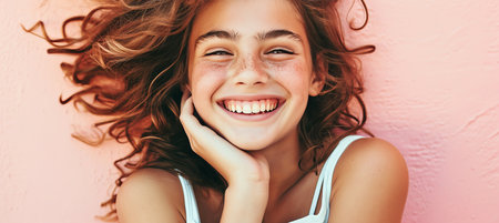Smiling american girl child model with perfect teeth on pink background for ads and web designの素材