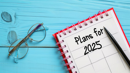 blank paper notebook with  plans for 2025  text on wooden table   top view flat layの素材