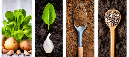 Collage of gardening and landscaping tools in bright white style, divided with vertical linesの素材