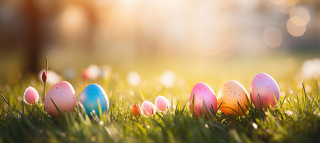 Vibrant easter banner with colorful eggs in grass, sun rays, and copy space for text placementの素材