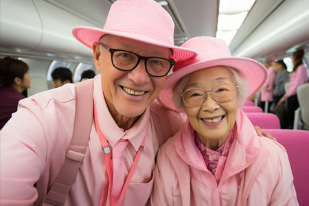 joyful senior couple enjoying a flight with blurred background and space for text placementの素材