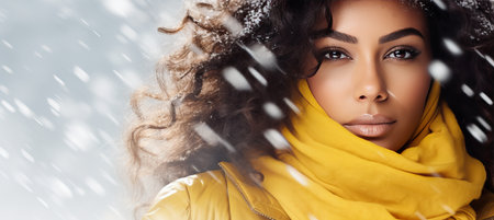 Fashionable and beautiful young woman in yellow coat and scarf posing in snowfall with snowflakesの素材