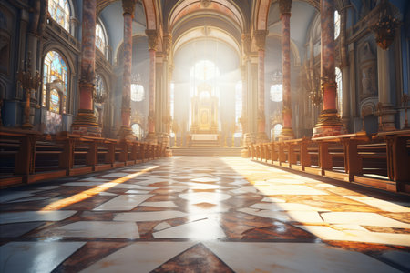 Easter sunday service  serene church interior with radiant light through stained glass windowsの素材