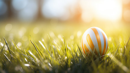 Colorful easter banner with vibrant eggs in grass, sun rays, and captivating text placementの素材