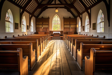 Tranquil easter sunday church interior with radiant light through stained glass windowsの素材