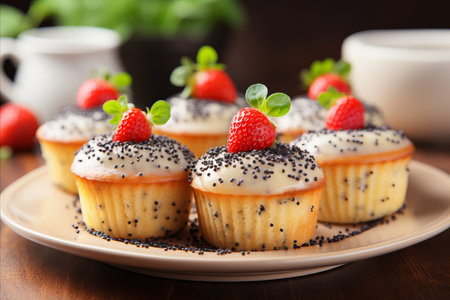 Homemade lemon poppy seed muffins on blurred background with copy space for text placementの素材
