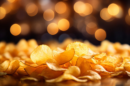 Tasty potato chips on defocused background with plenty of space for placing text and captionsの素材