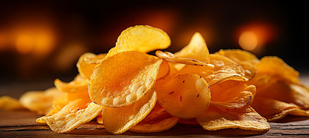Delicious potato chips on defocused background with text space for creative messagingの素材