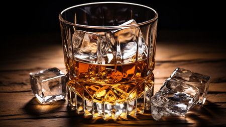 Golden whisky glass with ice cubes, isolated on brown background, ideal for text placementの素材