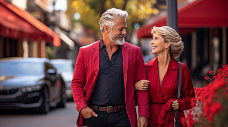 Happy elderly couple driving in car with blurred background, perfect for text placementの素材
