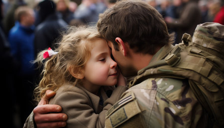 Tender and emotional military reunion heartwarming moment between father and daughterの素材