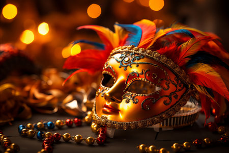 Vibrant venetian carnival background with copy space and blurred solid color for text placementの素材