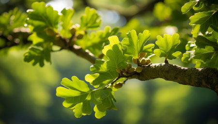 Golden sunlight illuminating oak tree leaves in a picturesque display of natural beautyの素材