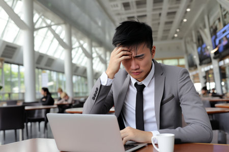 Portrait of a stressed young businessman working on his laptop in a busy office environmentの素材