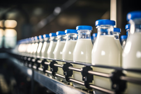 High tech machinery filling milk and yogurt into plastic bottles at a state of the art dairy plantの素材