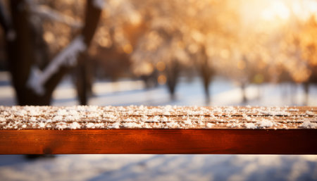 Snow covered wooden table with falling snow, blurred forest, and vibrant fall foliageの素材