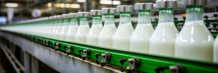 Automated process of filling milk or yogurt into plastic bottles at a modern dairy plantの素材