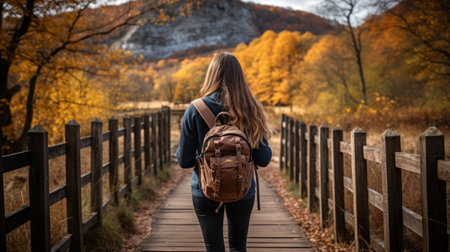 Active hiker woman walking on beautiful forest hike trail in autumn fall nature backgroundの素材
