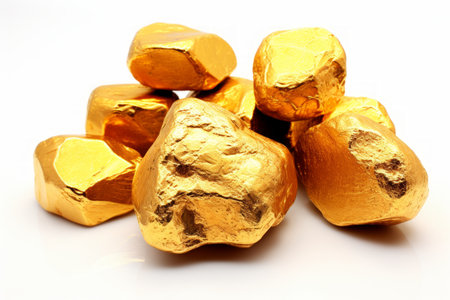 Highly valuable and pristine gold nugget showcased in isolation against a pure white backgroundの素材
