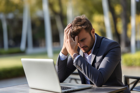 Stressed young businessman working on laptop, feeling overwhelmed with work tasks and pressureの素材