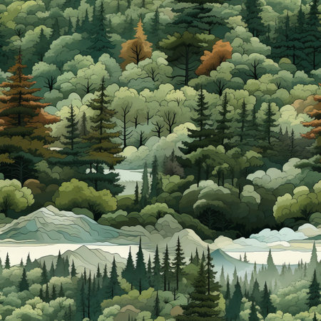 Seamless pattern of lush green forest   aerial view from above with trees and foliageの素材