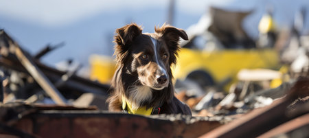 Signal vested rescue dog on destroyed building, close up with defocused background and text spaceの素材