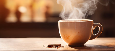 Morning serenity  steaming cup of coffee on table with blurred background and copy spaceの素材