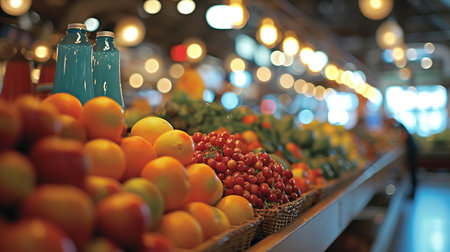 Vibrant farmers  market  softly blurred bokeh background with fresh fruits and colorful beveragesの素材
