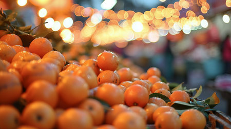 Vibrant farmers market with blurred bokeh background showcasing fresh fruits and colorful beveragesの素材