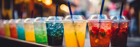 Radiant bokeh background with refreshing iced beverages and snacks on sunlit outdoor patioの素材