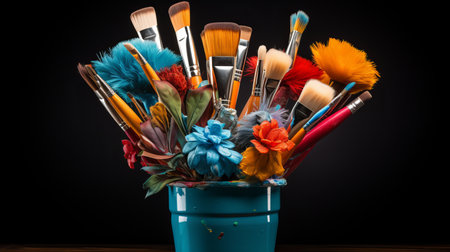 Artistic tools  a diverse collection of paintbrushes, pencils, and sculpting tools for creativityの素材
