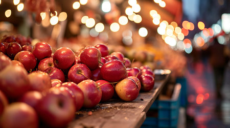 Vibrant farmers  market  softly blurred bokeh background with fresh fruits and colorful beveragesの素材
